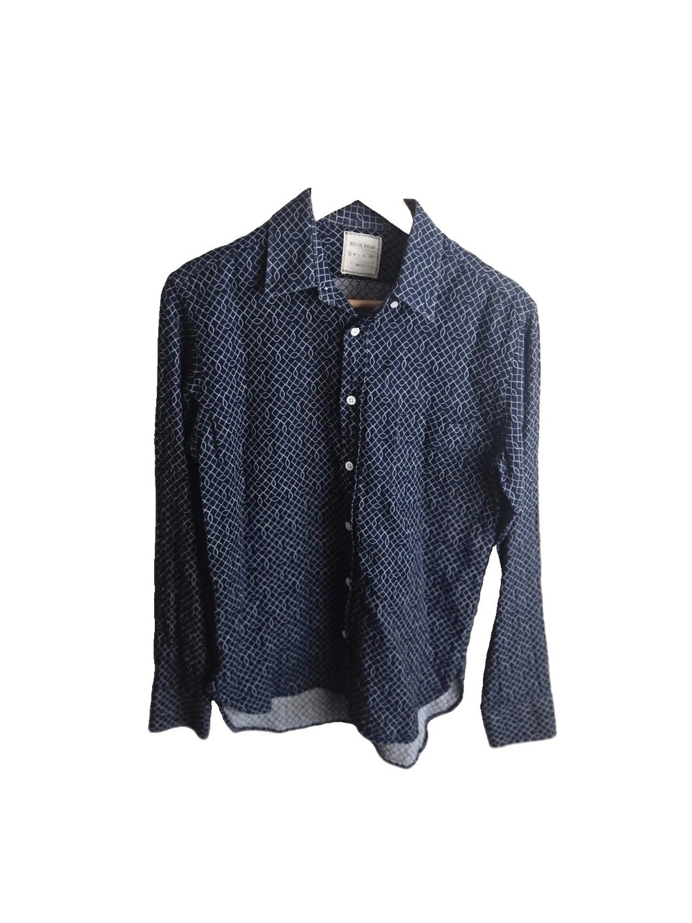 Billy Reid Button Down Shirt S Navy Blue White Geometric Print Slim Fit Cotton
